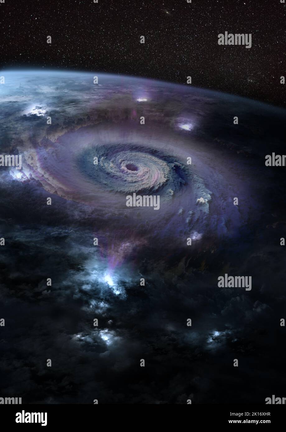 Vista dallo spazio del mostruoso uragano più potente della terra. Collage. Elementi di questa immagine forniti dalla NASA. Foto Stock