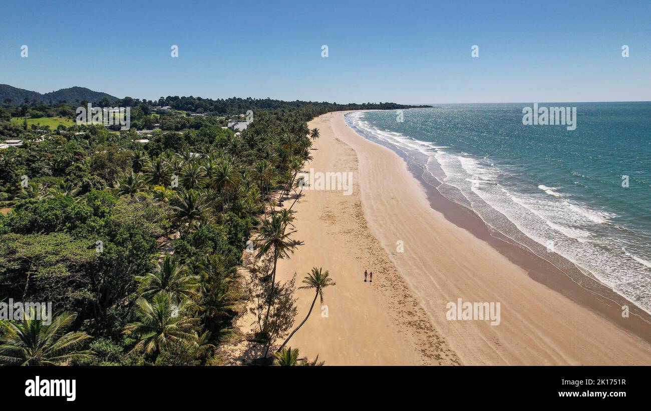 Una bella foto di drone di Mission Beach nel Queensland settentrionale tropicale, Australia. La spiaggia è circondata da palme e onde. Foto Stock