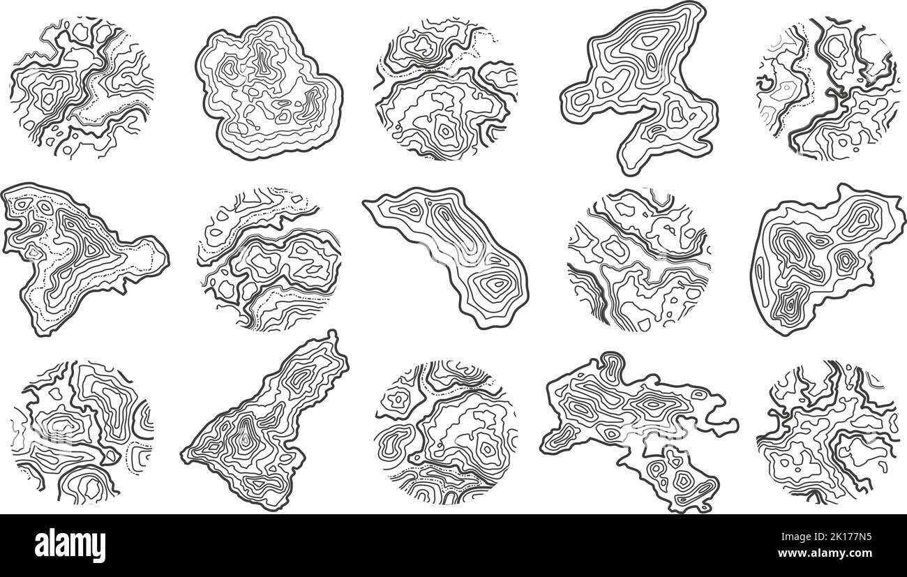 Texture mappa topografica. Forma dell'isola, cerchio con disegno in legno e set di vettori a griglia geografica Illustrazione Vettoriale