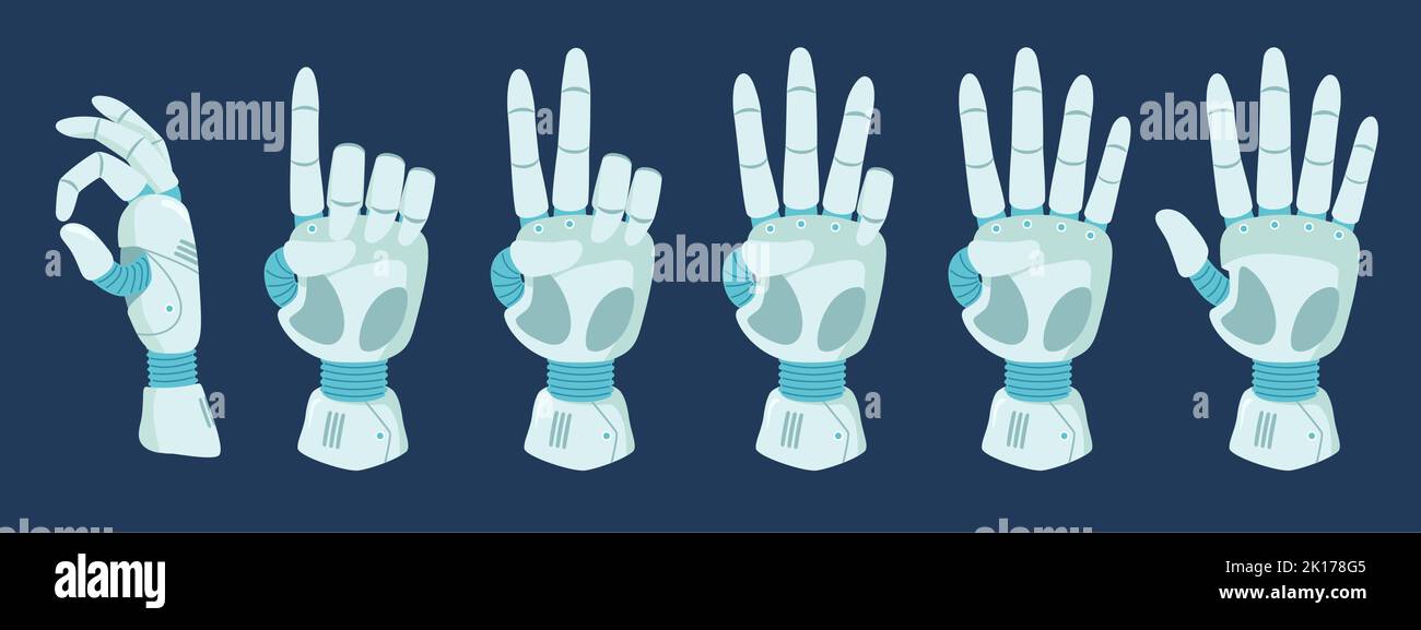 Mano del robot di conteggio. Conta con gesti cyber-mani, braccio robotico dita da zero a cinque cartoni animati set di illustrazioni vettoriali Illustrazione Vettoriale