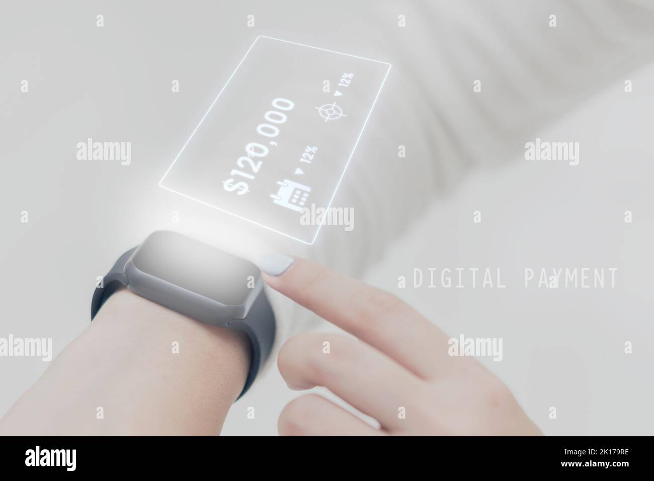 Smartwatch olografico a pagamento senza contanti tecnologia futura Foto Stock