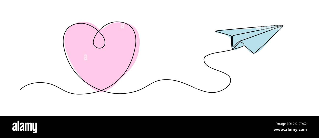 disegno a linea singola del piano della carta con percorso del volo a forma di cuore, illustrazione vettoriale della grafica a linee Illustrazione Vettoriale