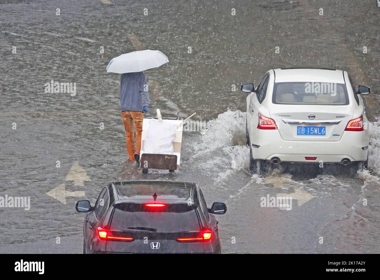 Dalian, Cina. 16th Set, 2022. Il 16 settembre 2022, i residenti di Longxin Community, Quanshui Street, Ganjingzi District, Dalian City, Liaoning Province viaggiarono nella Rain.Incorporate dal tifone n° 12 di quest'anno ''Plum Blossom'', dal 8:00 del 14 settembre al 7:00 del 16th, la pioggia media nella provincia di Dalian, Liaoning è stata di 100,2 mm, E la pioggia massima si è verificata alla Stazione meteorologica Nazionale a Dalian City, che era di 207,6 mm, la pioggia massima in un'ora era di 36,3 mm in Shilibao Street, Jinpu New District. Allo stesso tempo, l'area di Dalian e il mare circostante A. Foto Stock