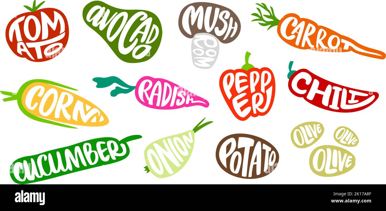 Scritta di verdure. Badge alimentari con nome ortografico. Calligraphy pomodoro, pepe e carota segno set vettore Illustrazione Vettoriale