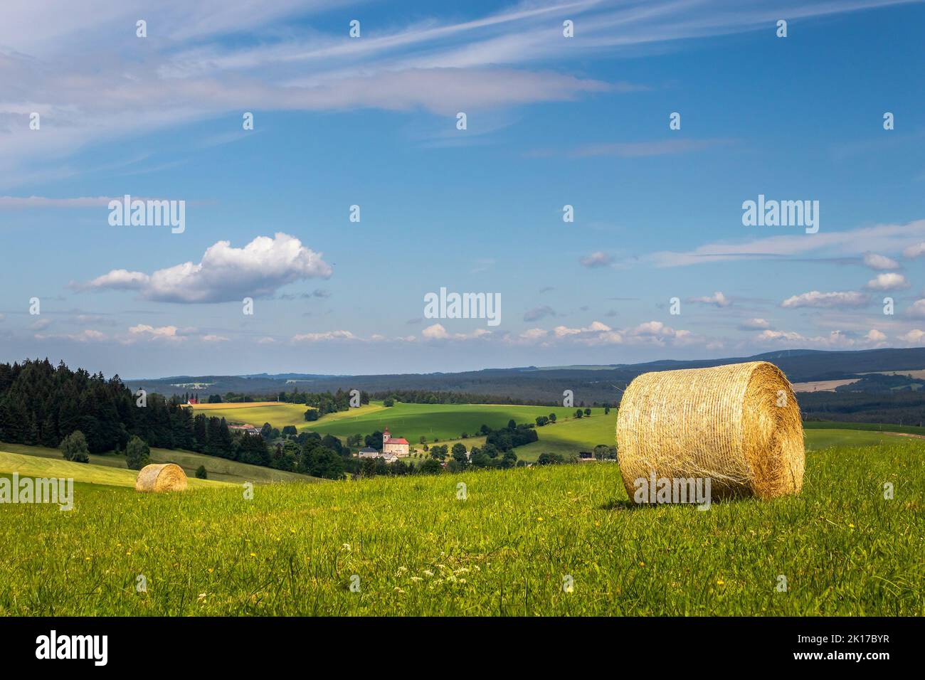 paesaggio estivo con campo con balla di fieno e cielo blu con nuvole bianche Foto Stock