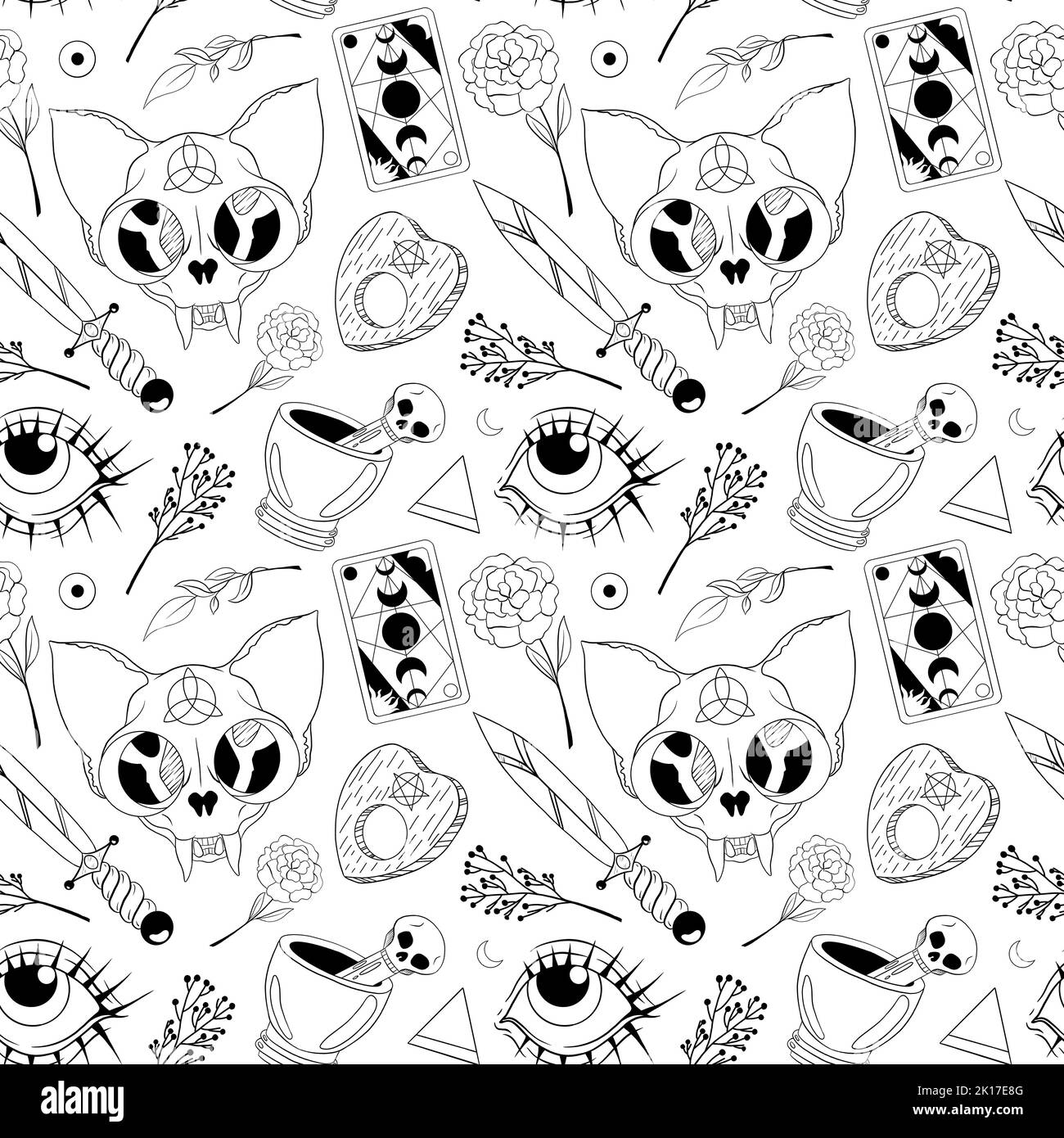 Grafica senza cuciture motivo halloween illustrazione. Immagini monocromatiche di scheletri di gatti, oggetti mistici e piante. Adatto per la stampa su carta, Foto Stock Grafica senza cuciture motivo halloween illustrazione. Immagini monocromatiche di scheletri di gatti, oggetti mistici e piante. Adatto per la stampa su carta, Foto Stock
