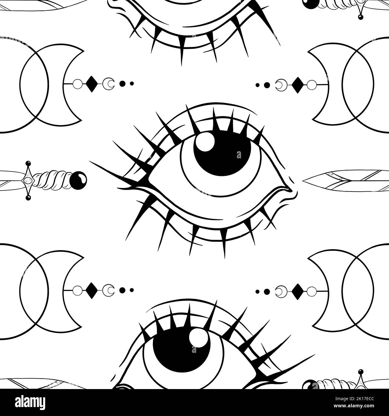 Illustrazione digitale di oggetti occulti magici. Disegno in bianco e nero. Ripetizione senza giunture. Foto Stock