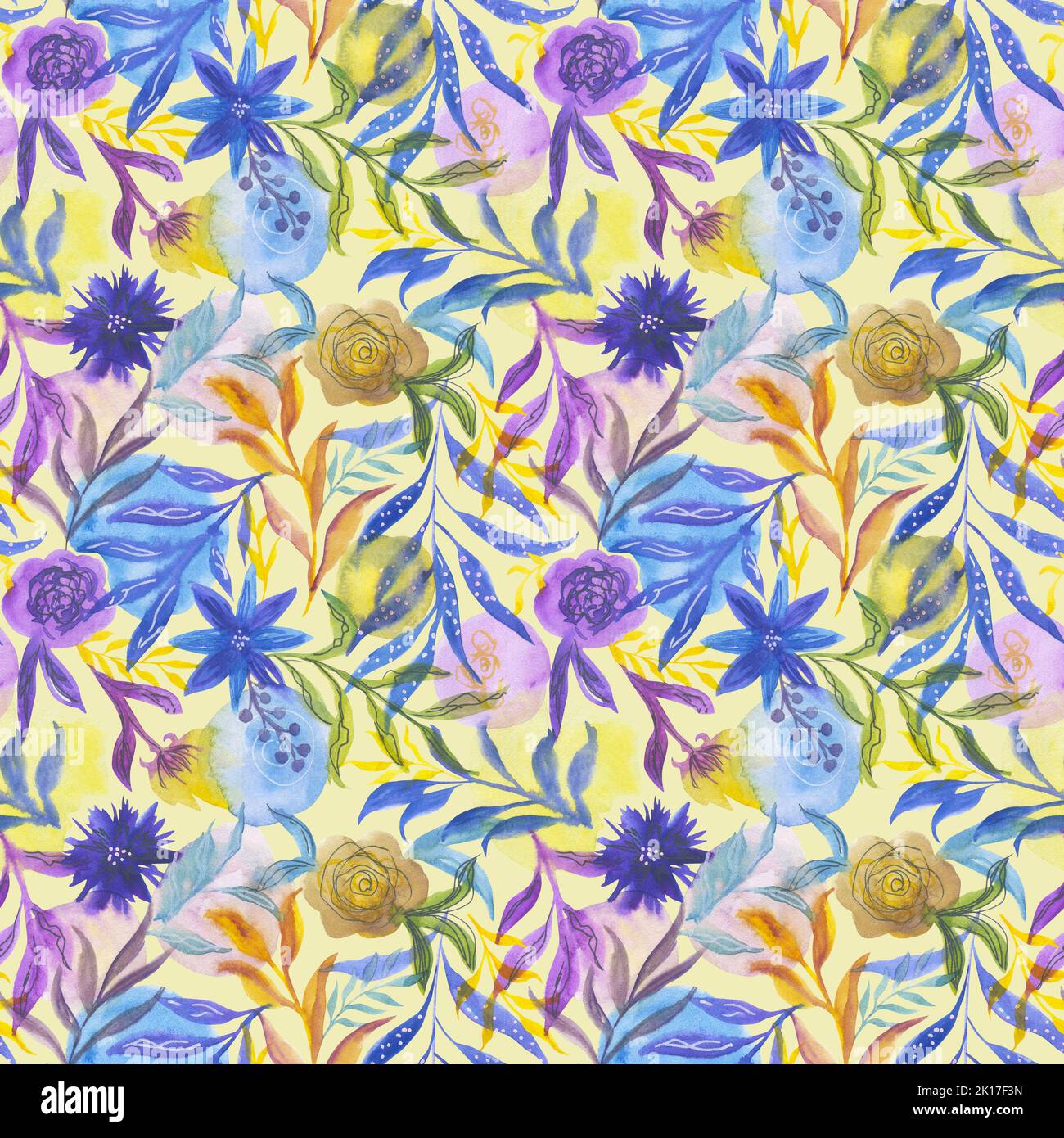 Acquerello fiori astratti. Motivo floreale senza cuciture con macchie colorate. Piante viola e gialle. Illustrazione per tessuti, decorazioni, copertine. Foto Stock