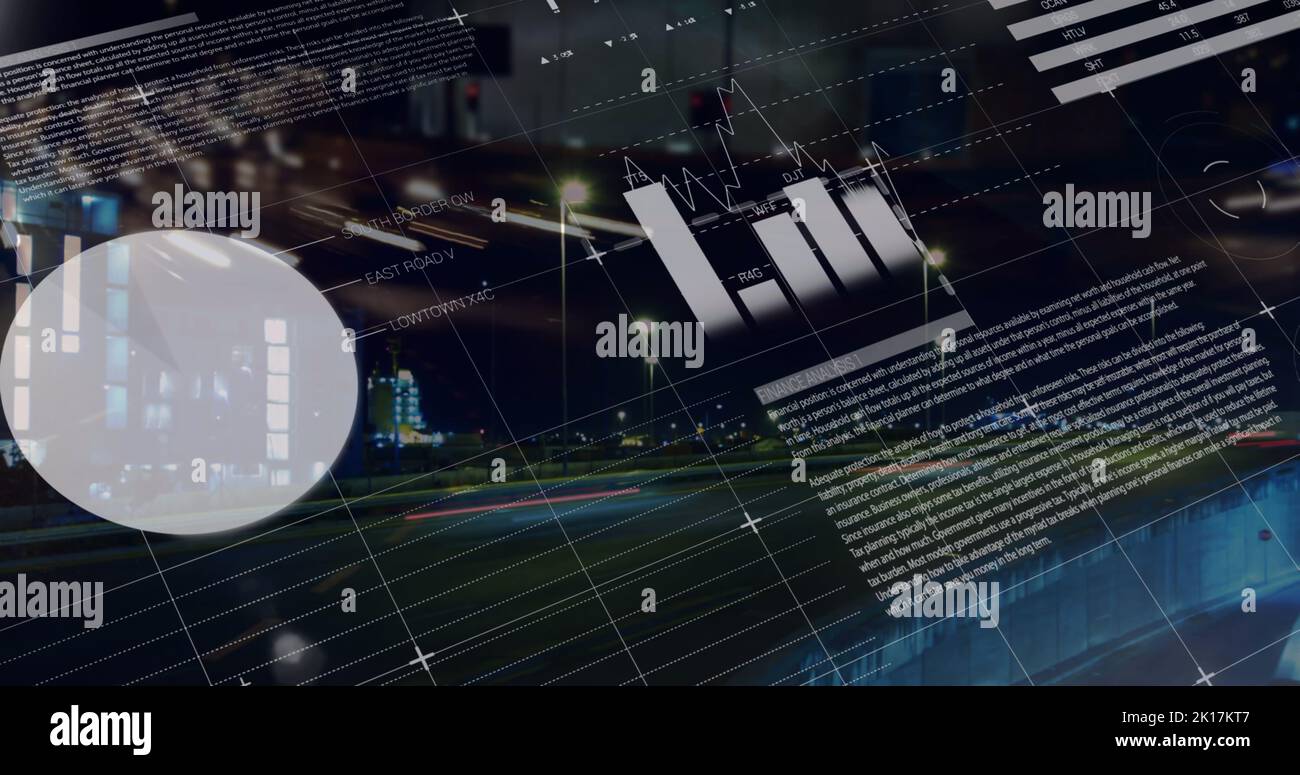 Immagine dell'elaborazione dei dati statistici rispetto al traffico cittadino di notte Foto Stock