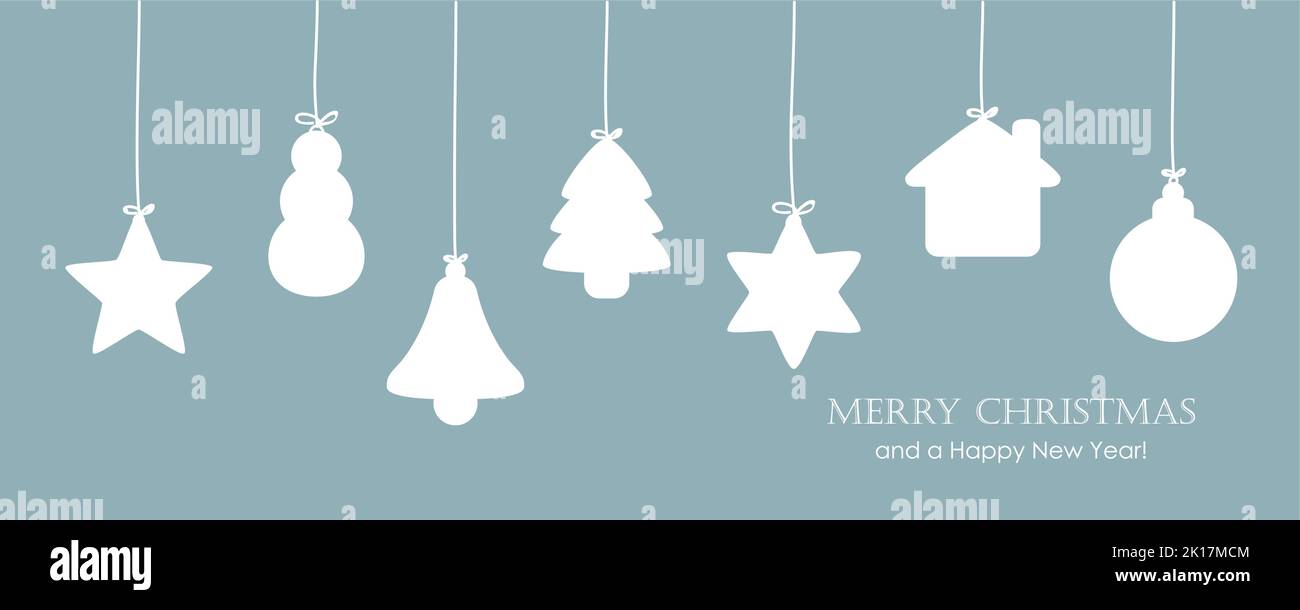 buon biglietto di natale con decorazioni bianche appese Illustrazione Vettoriale