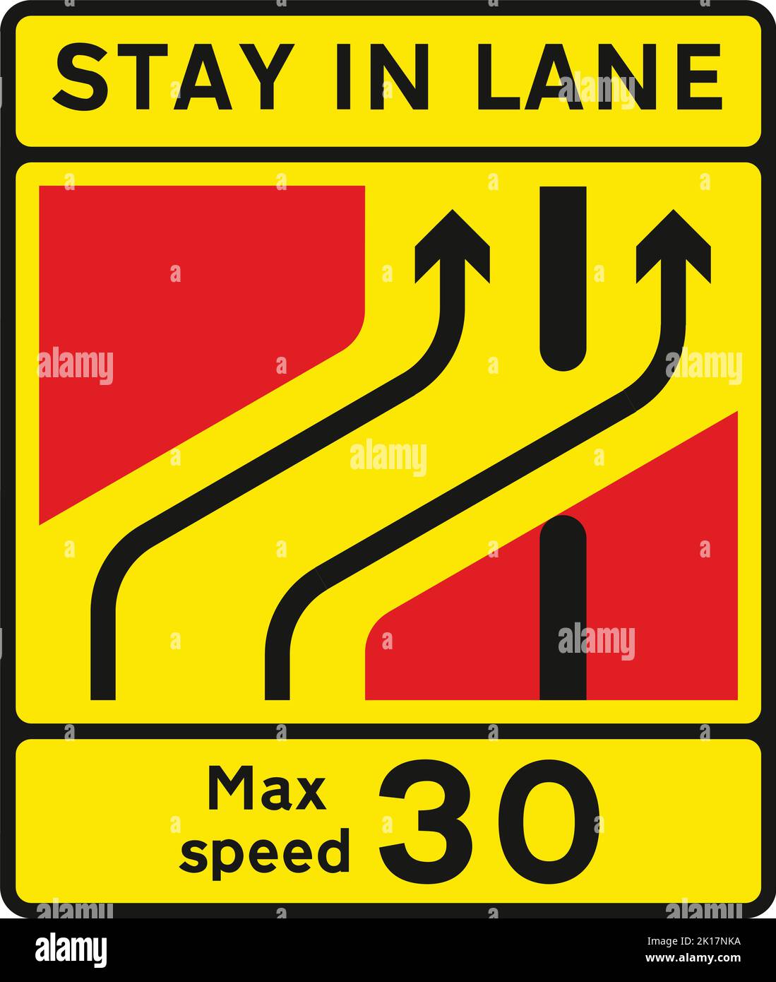 Un incrocio a corsie per lavori stradali a contraflow, il segnale stradale Highway Code, i cartelli che danno ordini, i cartelli con cerchi rossi sono per lo più proibitivi. Piastre Illustrazione Vettoriale