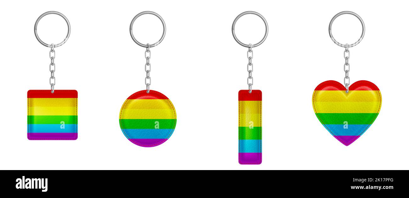 Portachiavi arcobaleno, portachiavi con flag lgbt isolato simbolico su sfondo bianco. Cuore metallico, tondo, quadrato e rettangolare accessori regalo o Illustrazione Vettoriale