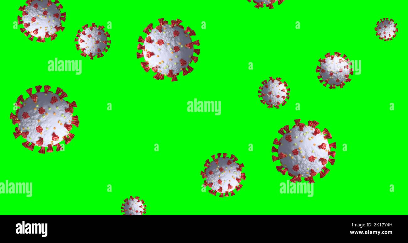 Immagine di macro coronavirus Covid 19 cellule che ruotano su sfondo verde. Medicina pubblica sanità coronavirus pandemico Covid 19 epidemia concetto d Foto Stock