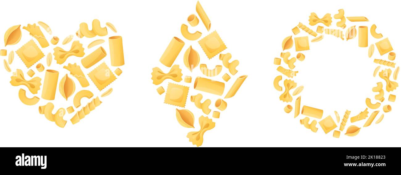 Icone della pasta. Poster a forma di cuore, rombo e cornice circolare con sfondo vettoriale in maccheroni Illustrazione Vettoriale