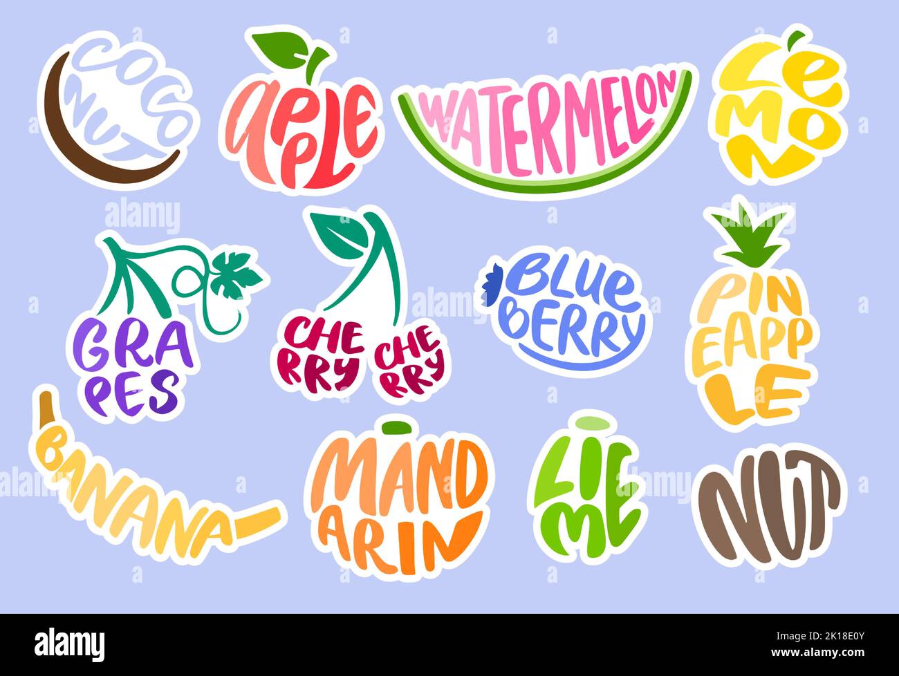 Lettere di frutta. Cartellini alimentari Calligraphy, segno tipografico di ciliegia e cocco. Set di adesivi per alimentari con banana word, frutta di mela e cocomero Illustrazione Vettoriale