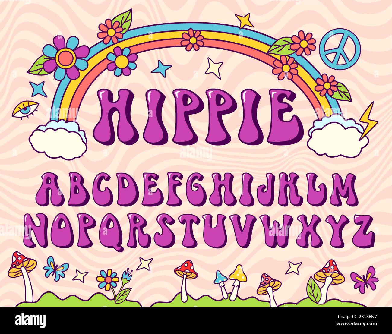 Carattere stilizzato hippie. Alfabeto groovy, settanta lettere per il disegno nostalgico della scrittura. Carattere vettoriale retro Illustrazione Vettoriale