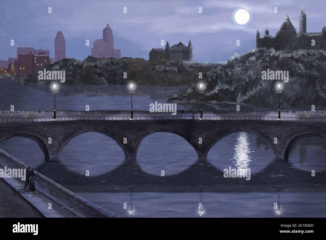 Moody retro scena di un ponte illuminato dalla luna su un fiume in una città del campidoglio. Foto Stock