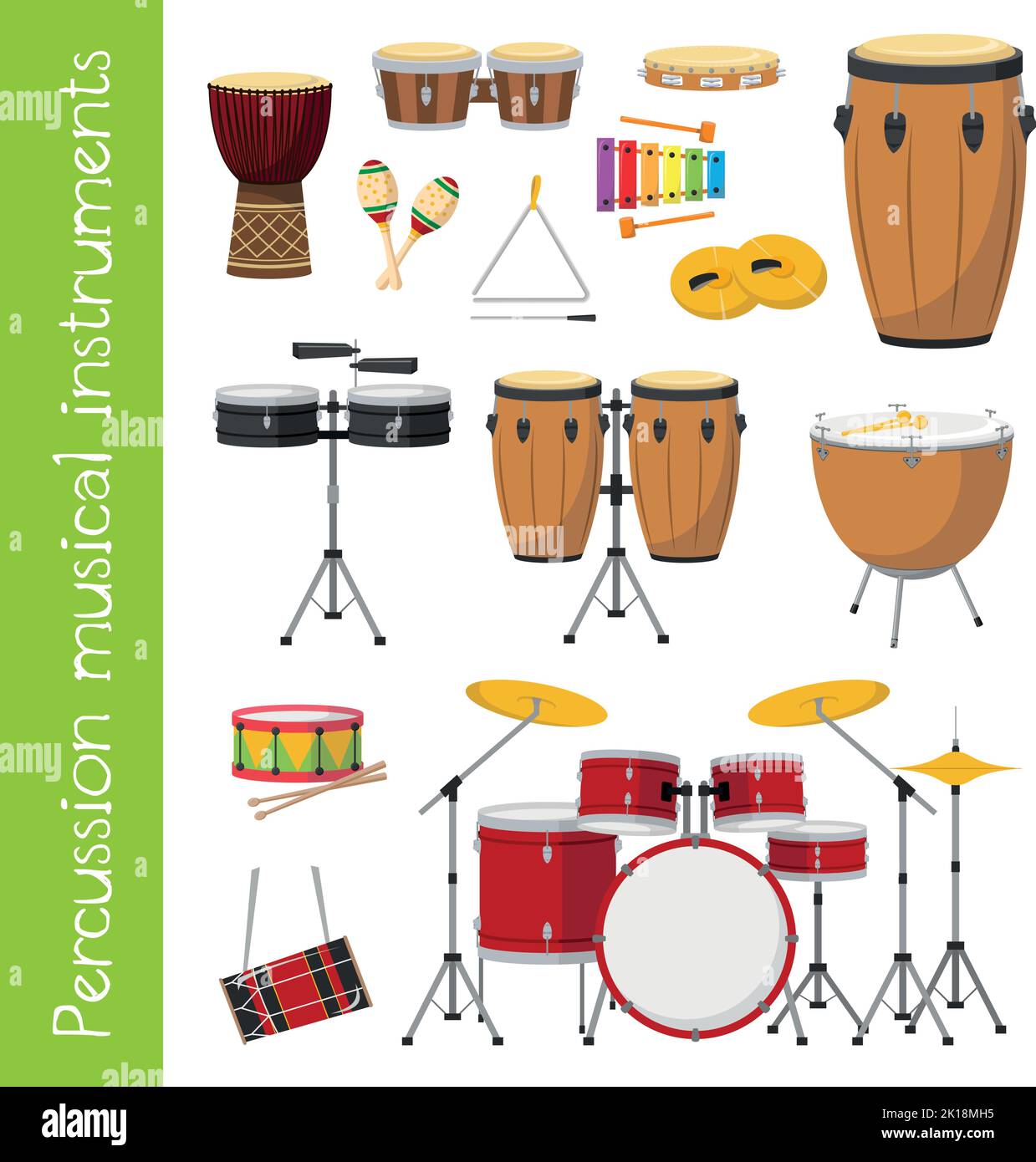 Illustrazione vettoriale insieme di strumenti musicali a percussione in stile cartoon isolati su sfondo bianco Illustrazione Vettoriale