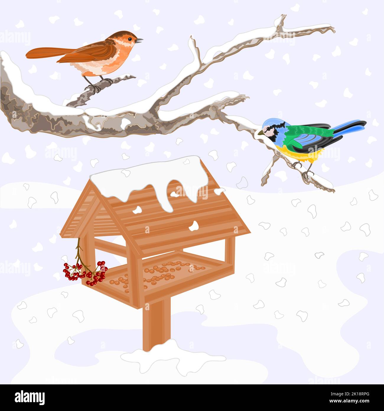 Uccelli titmouse Warbler e l'alimentatore inverno tema vettore illustrazione Illustrazione Vettoriale
