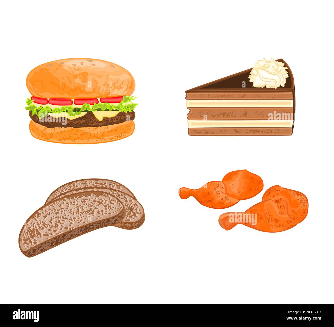 Illustrazione vettoriale di vari piatti (hamburger, torta, pane, carne di pollo) Illustrazione Vettoriale
