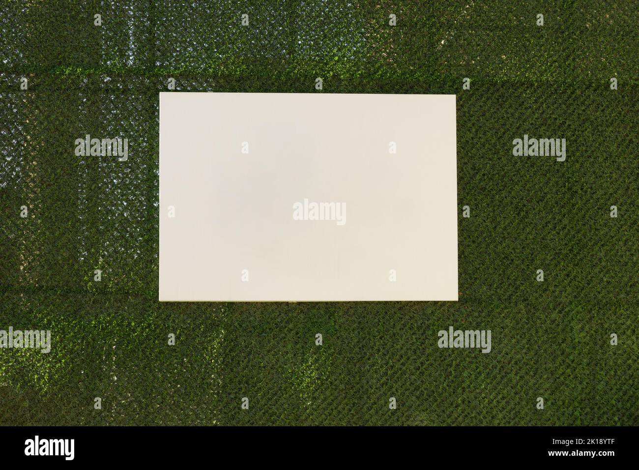 Affissioni su recinzione verde. Affissioni commerciali o pubblicitarie vuote con spazio per la copia. Foto Stock