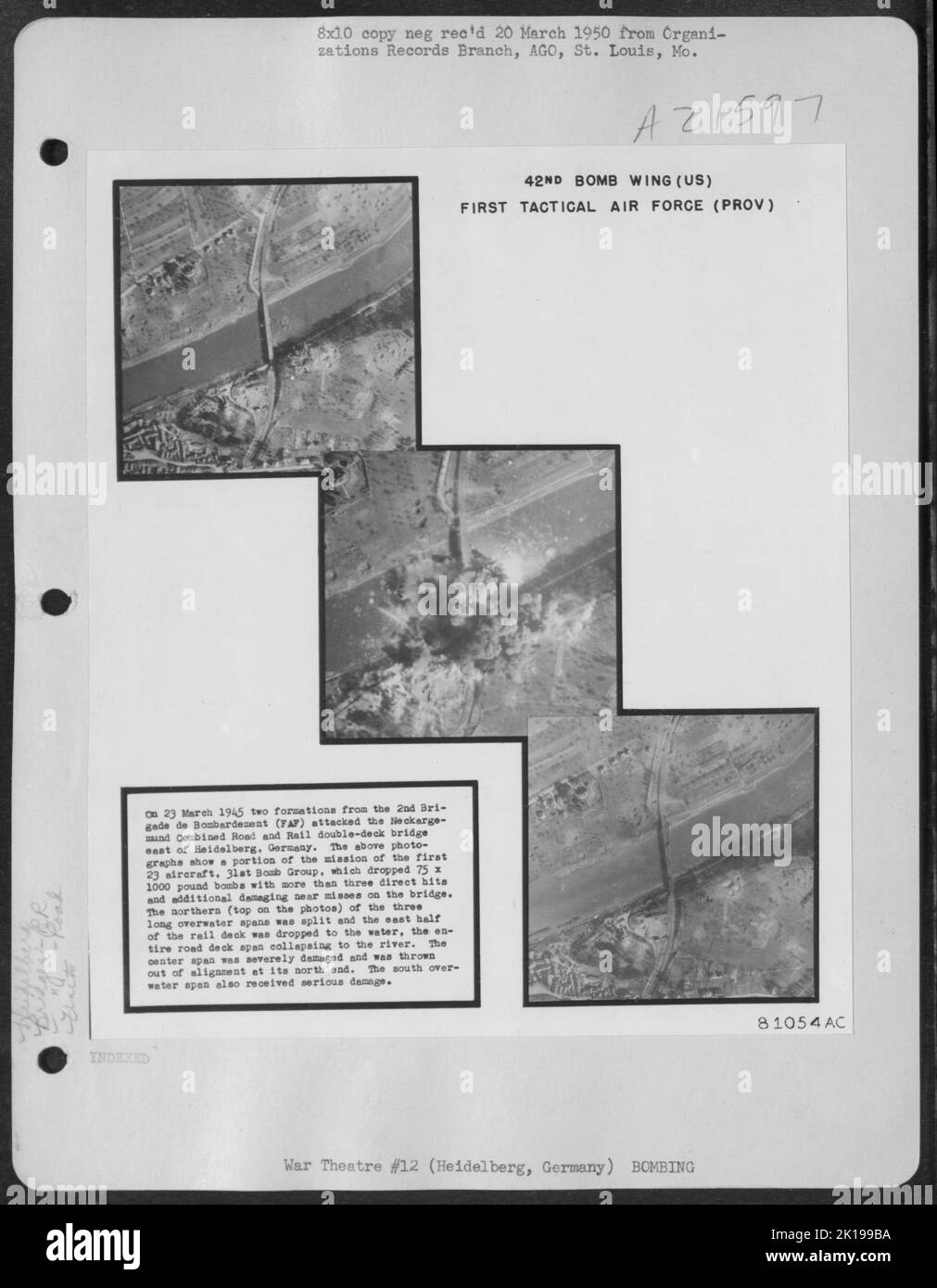 Il 23 marzo 1945 due formazioni della Brigata De Bombardement (FAF) del 2nd attaccarono il ponte a doppio ponte ferroviario e stradale Neckargemund a est di Heidelberg, Germania. Le foto di cui sopra mostrano Una parte della missione del primo aeromobile 23, bomba 31st Foto Stock