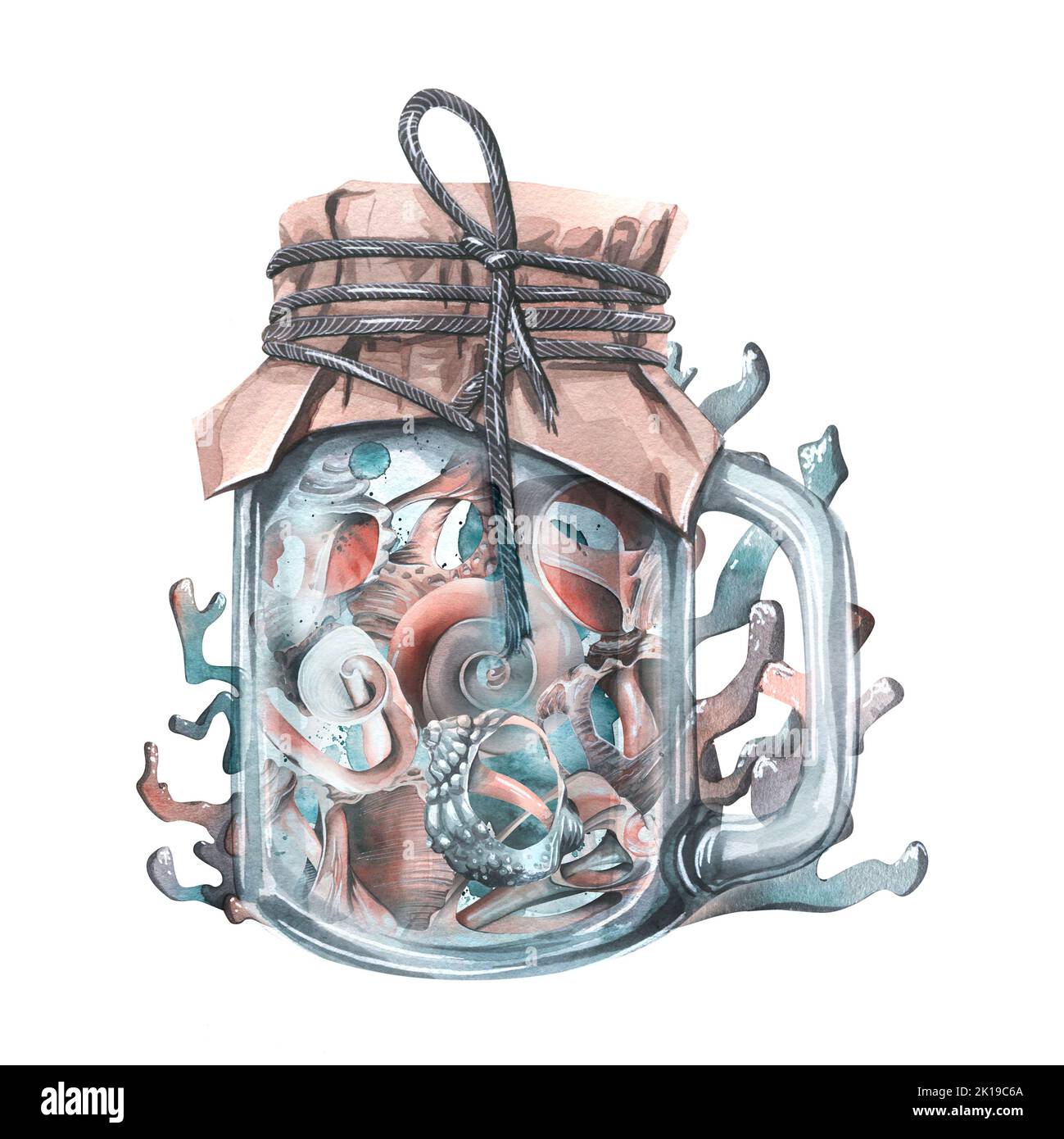 Conchiglie diverse all'interno di un vaso di vetro con manico e carta da artigianato chiusa con filo, circondata da coralli. Illustrazione acquerello su un bianco Foto Stock