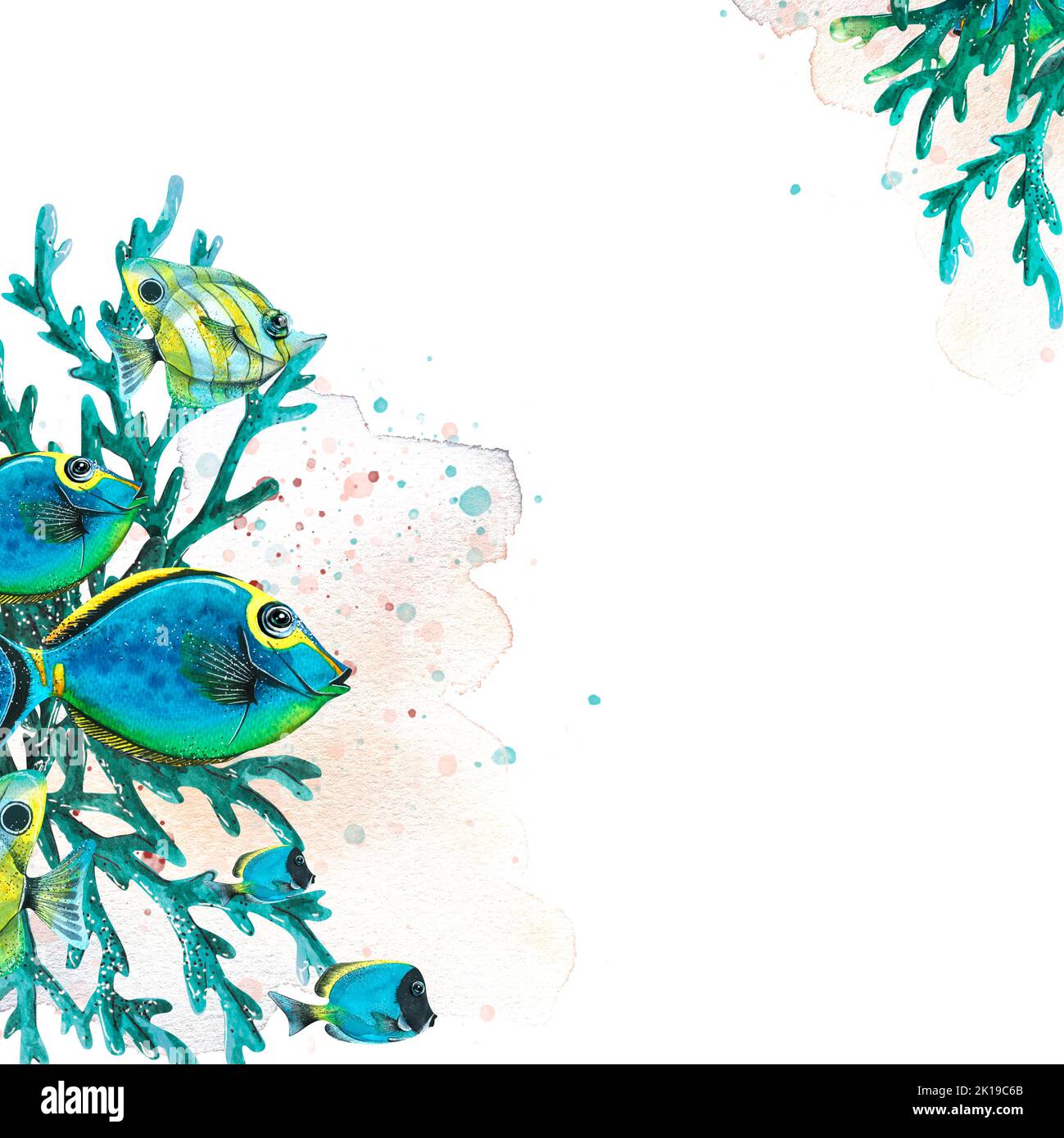 I pesci tropicali sono diversi, luminosi con coralli, un punto e spruzzi di vernice. Illustrazione dell'acquerello. Composizione per la progettazione e la decorazione di Foto Stock