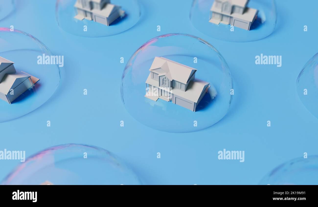 Concetto di bolla immobiliare. Casa bianca in una bolla trasparente. Crisi immobiliare. Rendering 3D Foto Stock