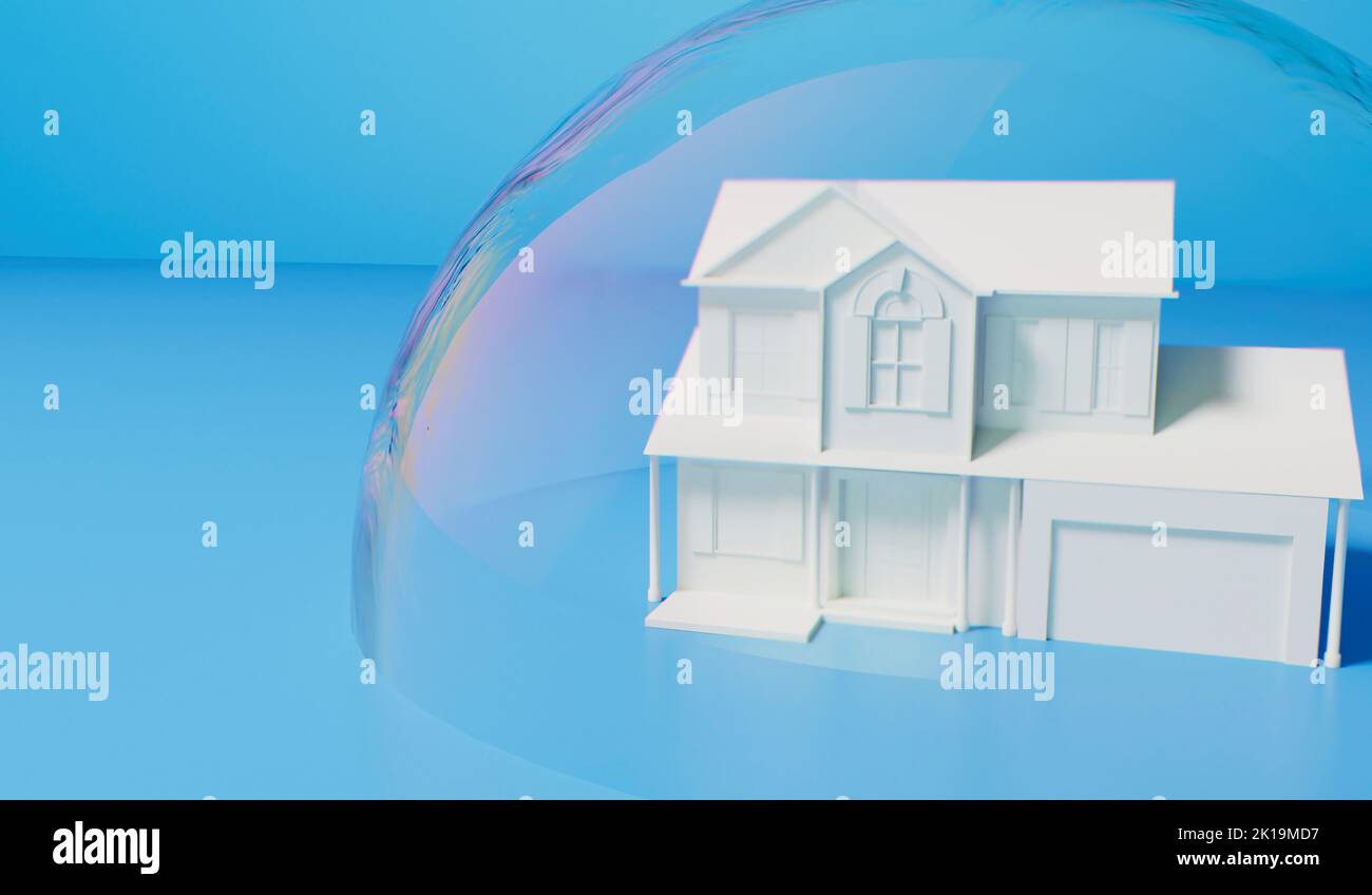 Concetto di bolla immobiliare. Casa bianca in una bolla trasparente. Crisi immobiliare. Rendering 3D Foto Stock