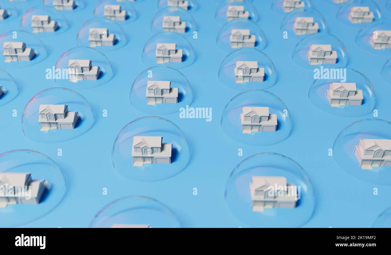 Concetto di bolla immobiliare. Casa bianca in una bolla trasparente. Crisi immobiliare. Rendering 3D Foto Stock