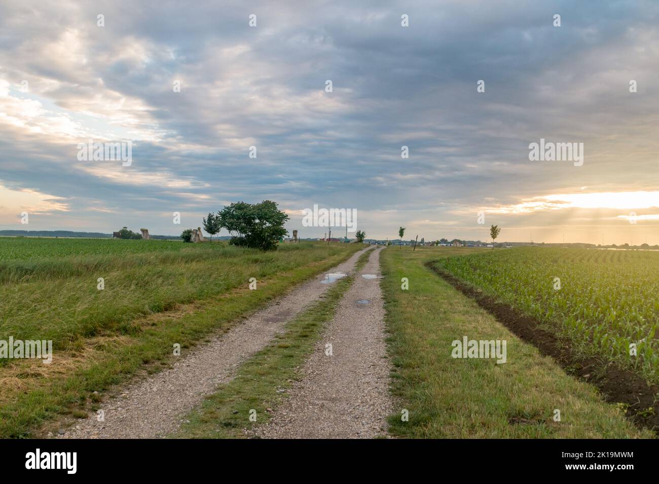 Vista al tramonto sulla frontiera di tre paesi dell'area Schengen europea. Tripunto di Ungheria, Austria e Slovacchia. Foto Stock