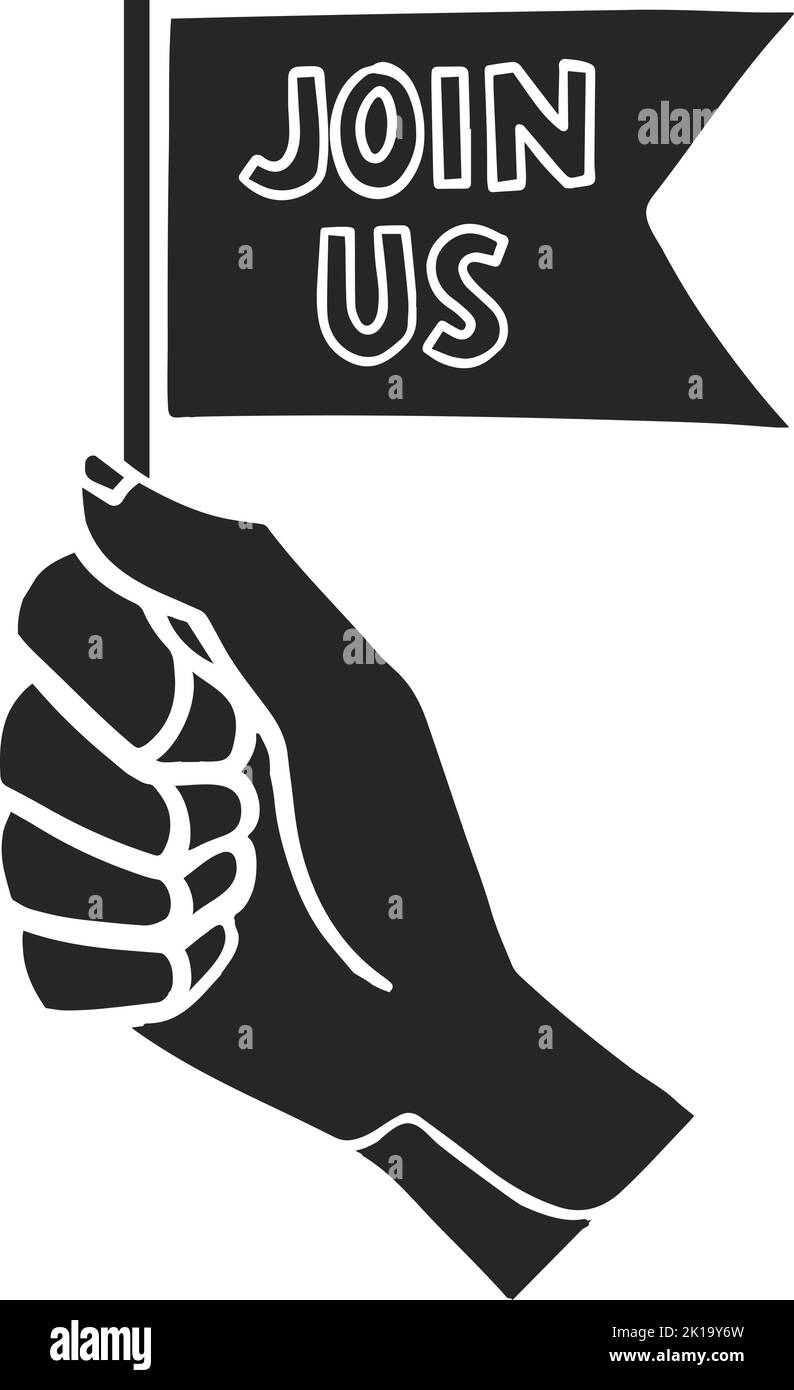 Icona disegnata a mano mano mano tenendo piccola bandiera con testo Unisciti a noi. Illustrazione vettoriale. Illustrazione Vettoriale