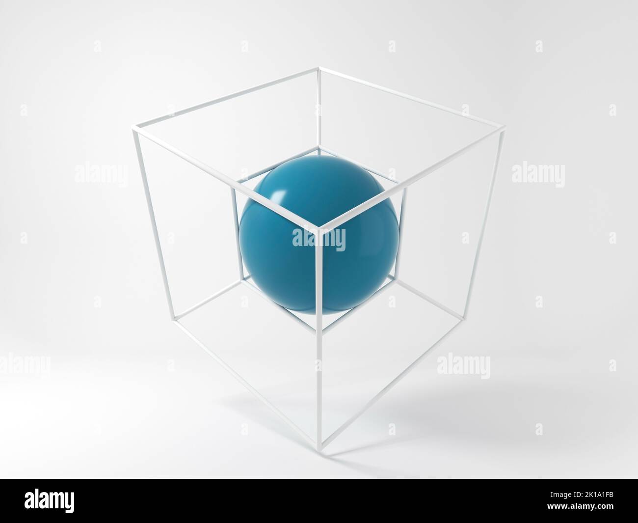 Astratto impianto high-tech bianco con pallina blu lucido in un contenitore di protezione a reticolo, illustrazione 3D Foto Stock