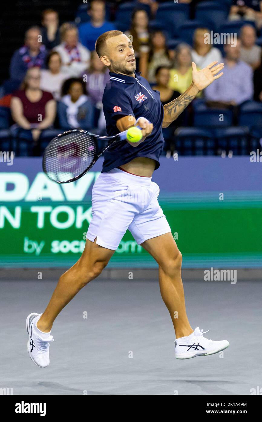 Glasgow, Regno Unito. 16th Set, 2022. GLASGOW, SCOZIA - 16 SETTEMBRE: Daniel Evans di Gran Bretagna durante la Coppa Davis di Rakuten Group Stage 2022 incontro di Glasgow tra Gran Bretagna e Paesi Bassi presso l'Emirates Arena il 16 settembre 2022 a Glasgow, Scozia. (Foto di Alan Rennie/BSR Agency/Getty Images) Credit: BSR Agency/Alamy Live News Foto Stock