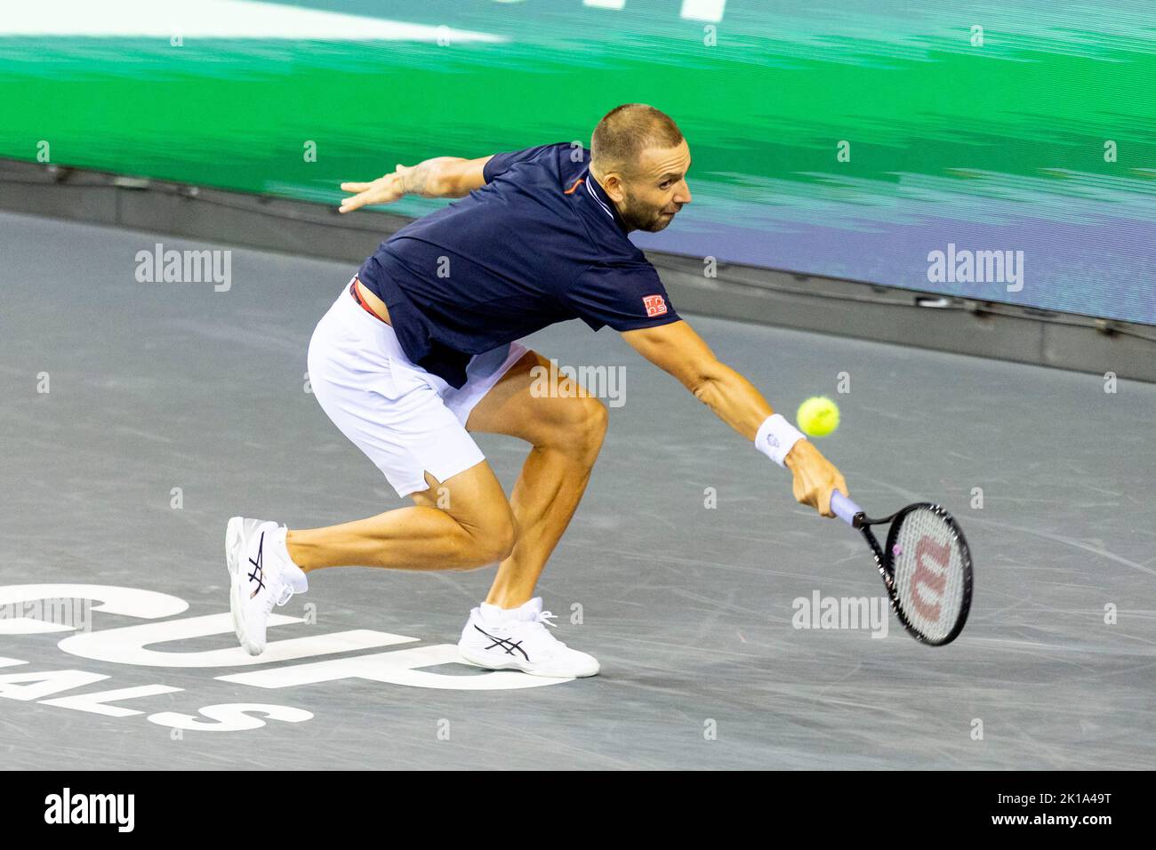 Glasgow, Regno Unito. 16th Set, 2022. GLASGOW, SCOZIA - 16 SETTEMBRE: Daniel Evans di Gran Bretagna durante la Coppa Davis di Rakuten Group Stage 2022 incontro di Glasgow tra Gran Bretagna e Paesi Bassi presso l'Emirates Arena il 16 settembre 2022 a Glasgow, Scozia. (Foto di Alan Rennie/BSR Agency/Getty Images) Credit: BSR Agency/Alamy Live News Foto Stock