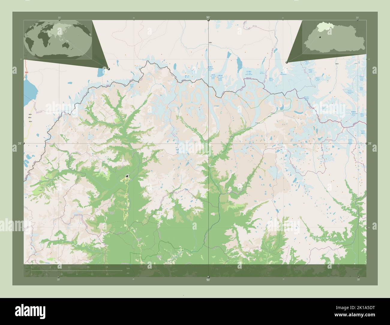 Gasa, distretto di Bhutan. Aprire la mappa stradale. Mappe delle posizioni ausiliarie degli angoli Foto Stock