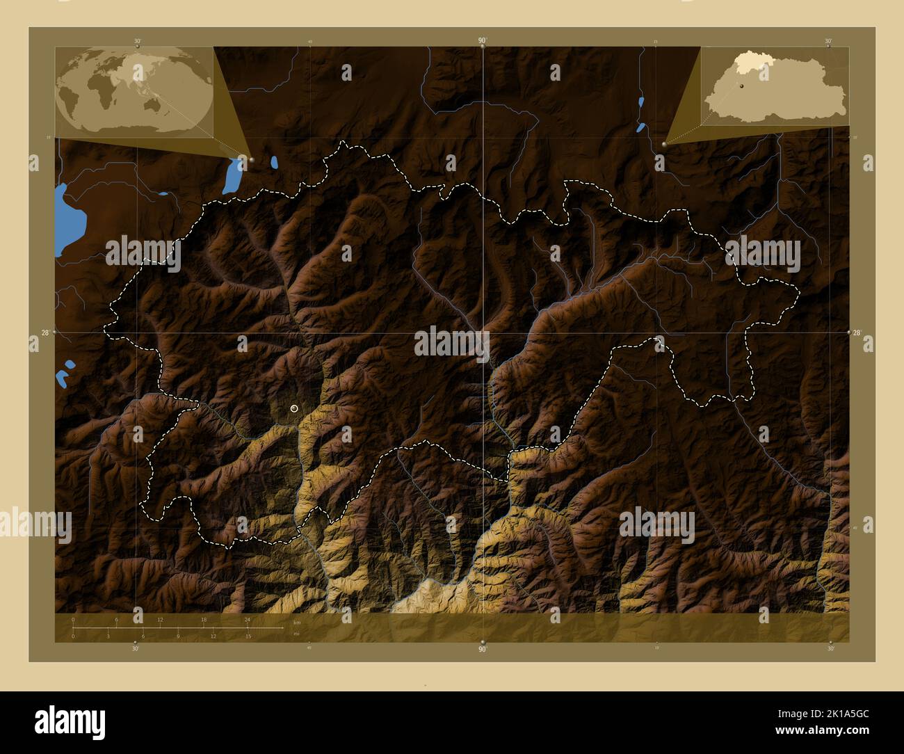Gasa, distretto di Bhutan. Mappa di altitudine colorata con laghi e fiumi. Mappe delle posizioni ausiliarie degli angoli Foto Stock