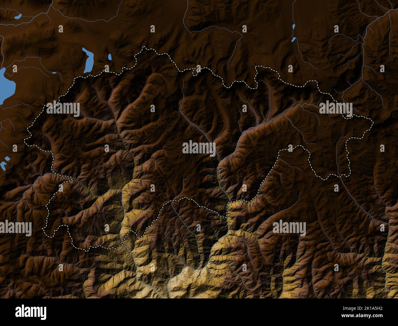 Gasa, distretto di Bhutan. Mappa di altitudine colorata con laghi e fiumi Foto Stock