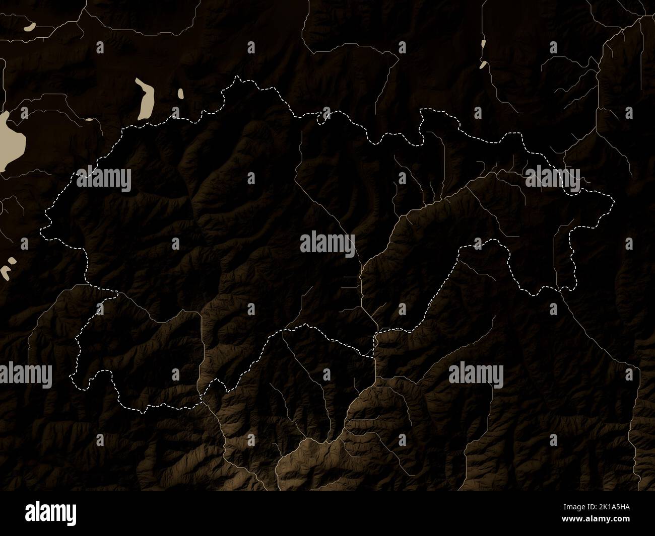 Gasa, distretto di Bhutan. Mappa dell'altitudine colorata in tonalità seppia con laghi e fiumi Foto Stock