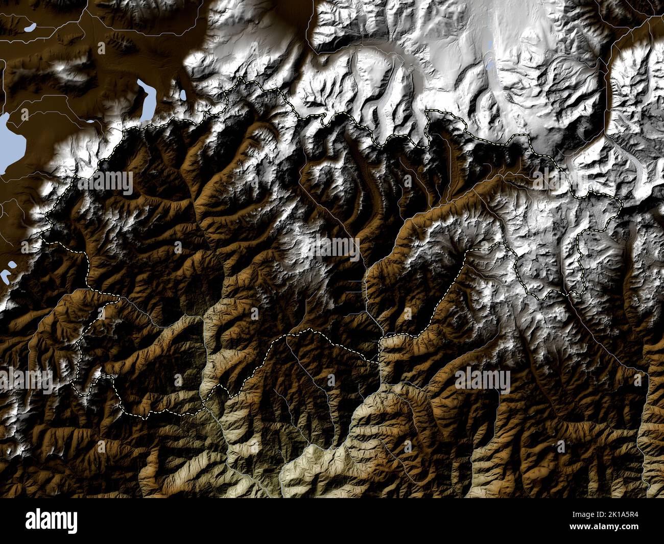 Gasa, distretto di Bhutan. Mappa dell'altitudine colorata in stile wiki con laghi e fiumi Foto Stock