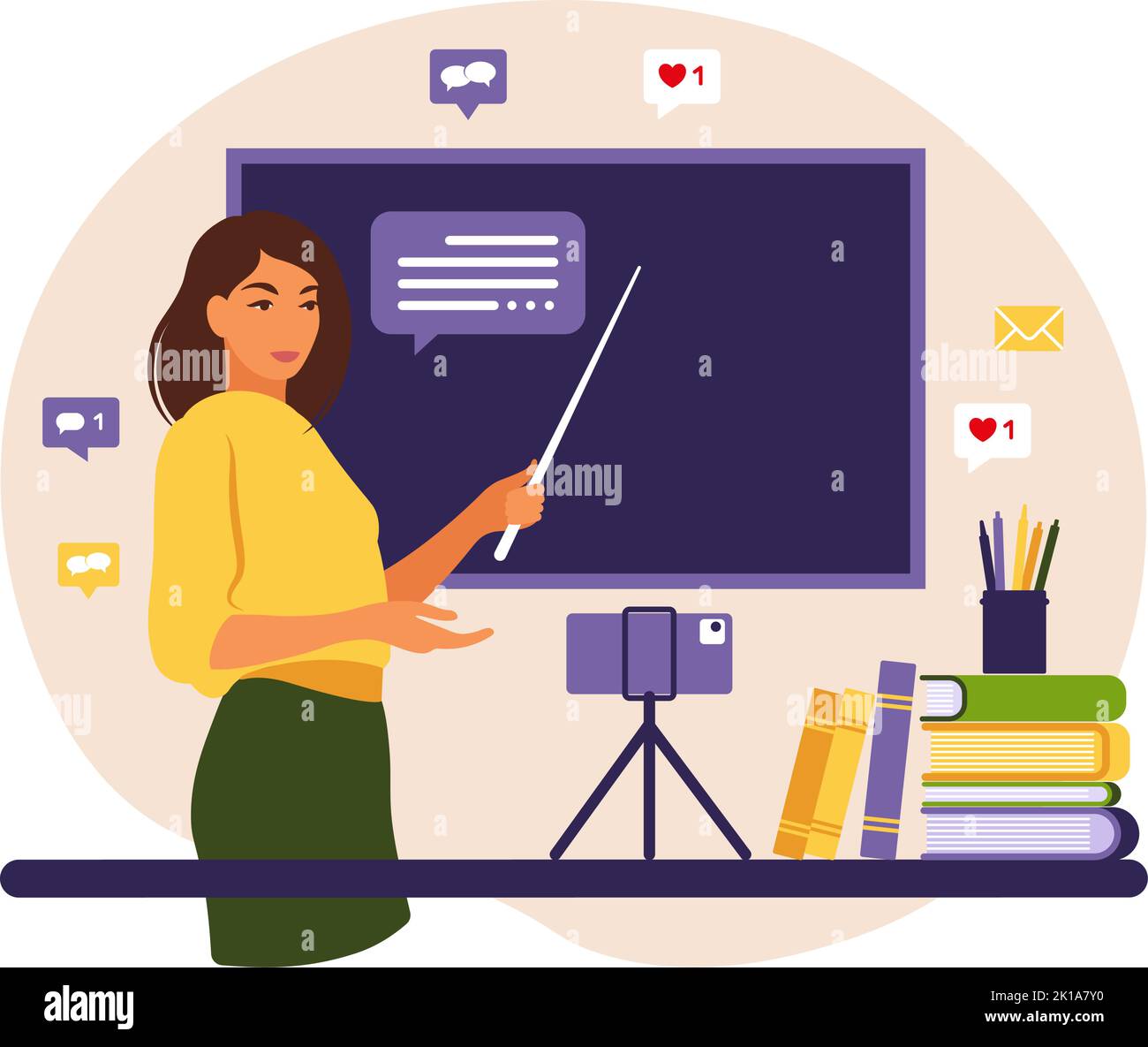 Concetto di apprendimento online. Insegnante alla lavagna, lezione video. Studio a distanza a scuola. Illustrazione vettoriale. Stile piatto. Illustrazione Vettoriale