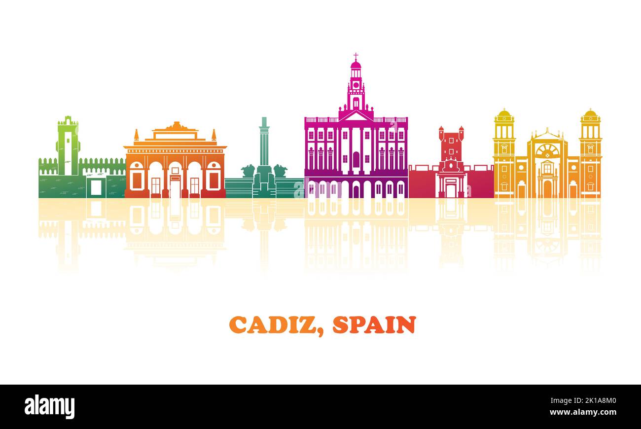 Panorama Colourfull Skyline di Cadice, Andalusia, Spagna - illustrazione vettoriale Illustrazione Vettoriale