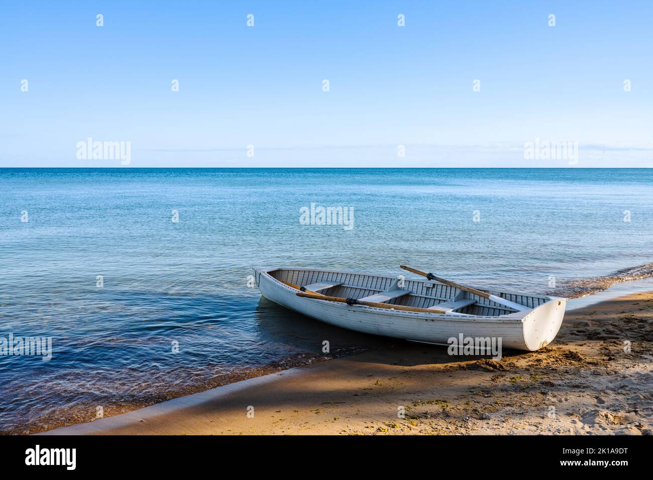 Vecchia fila barca sulla spiaggia con ombra di alberi. Oceano calmo all'orizzonte. Foto Stock