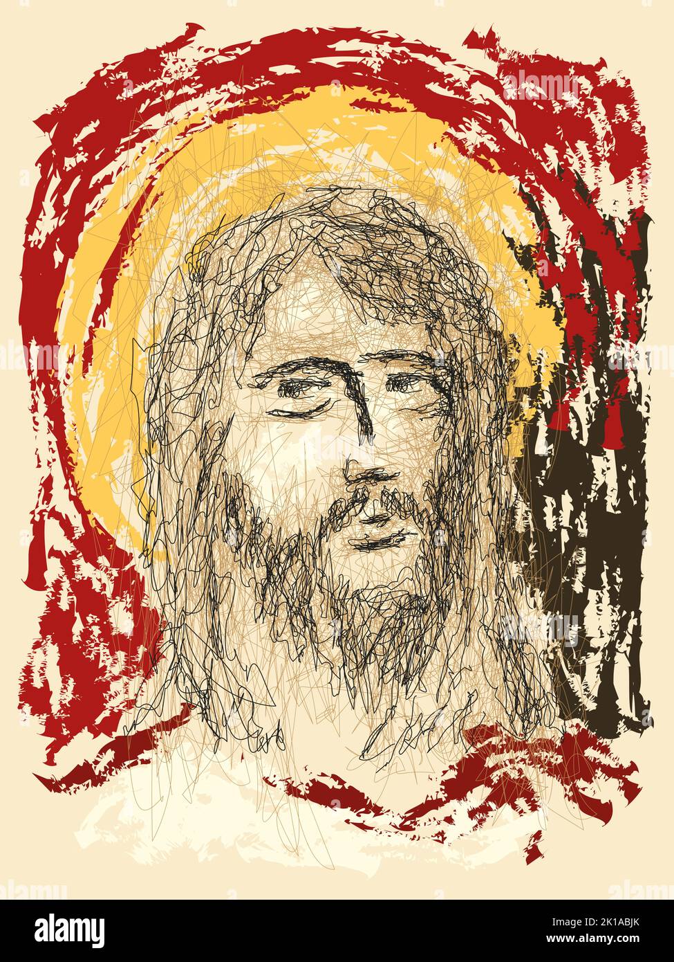 Volto immaginario di Gesù Cristo, religione cristiana cattolica e ortodossa, disegno vettoriale. Illustrazione Vettoriale