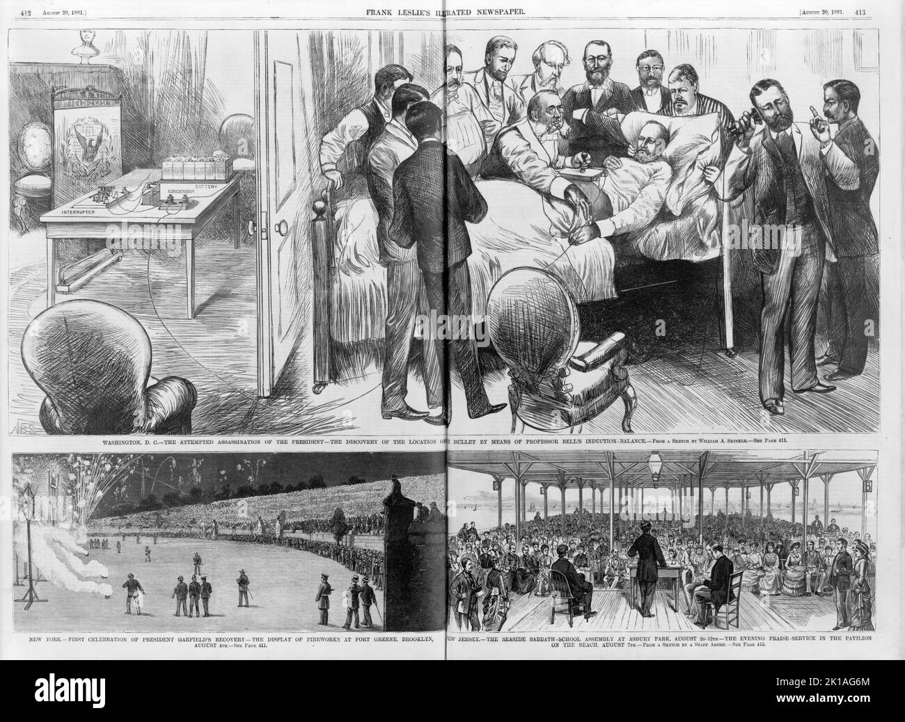 Un'illustrazione di un giornale del 20th agosto 1881 con immagini sul tentativo di assassinio del presidente James Garfield. Le immagini mostrano i medici alla ricerca della pallottola, uno spettacolo pirotecnico per celebrare il suo recupero e un concerto in suo onore. Doveva morire un mese dopo, probabilmente per sepsi. Foto Stock