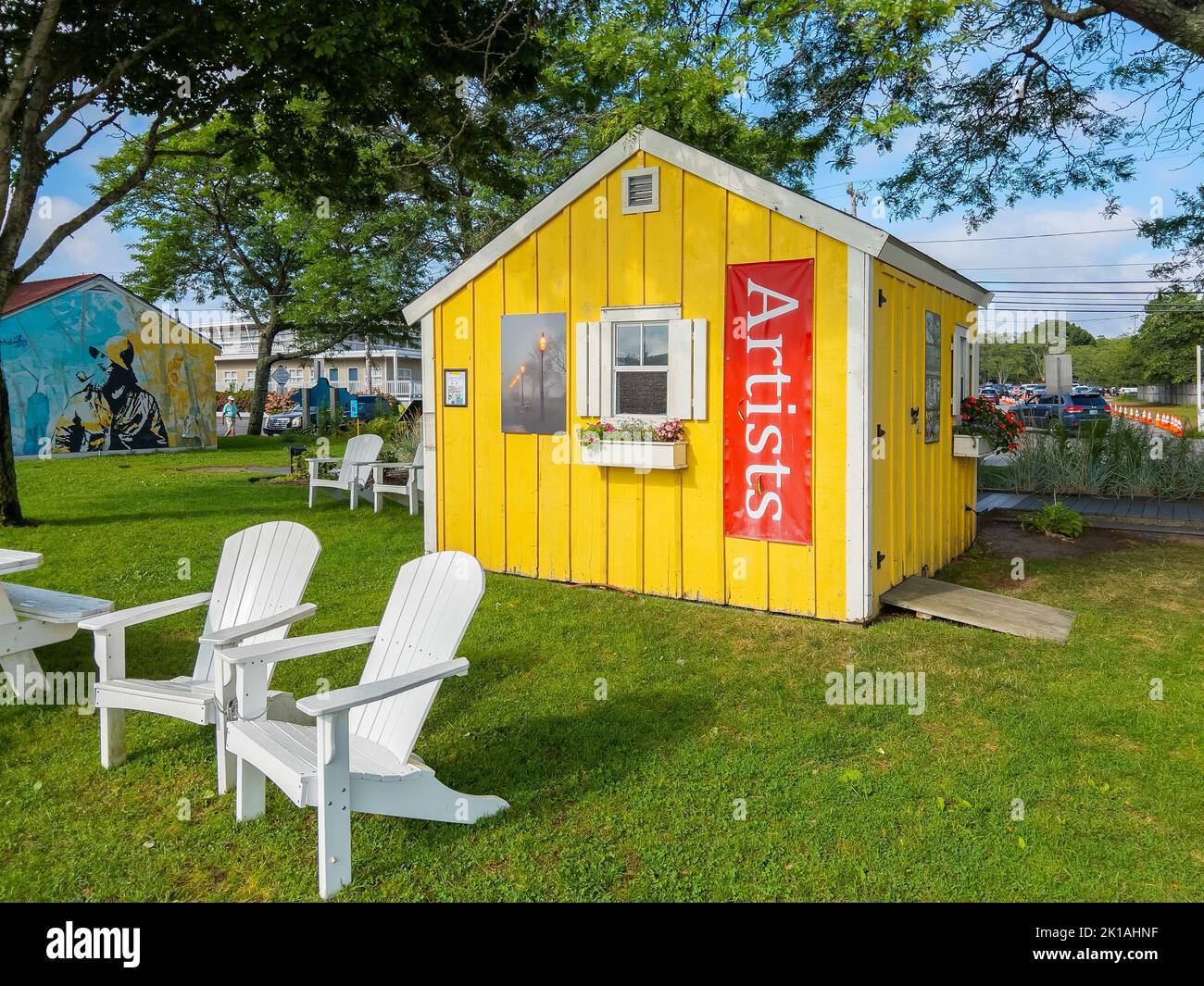 Artist Shanties al Bismore Park al porto di Hyannis nella città di Barnstable, Cape Cod, Massachusetts, USA. Foto Stock