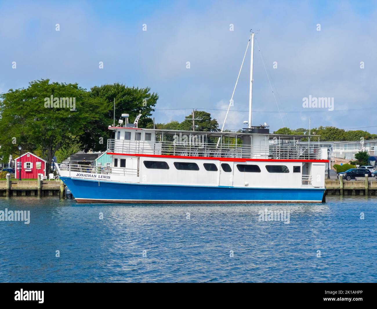 HY Line Cruises nave Jonathan Lewis attraccato al porto di Hyannis nella città di Barnstable, Cape Cod, Massachusetts ma, USA. Foto Stock