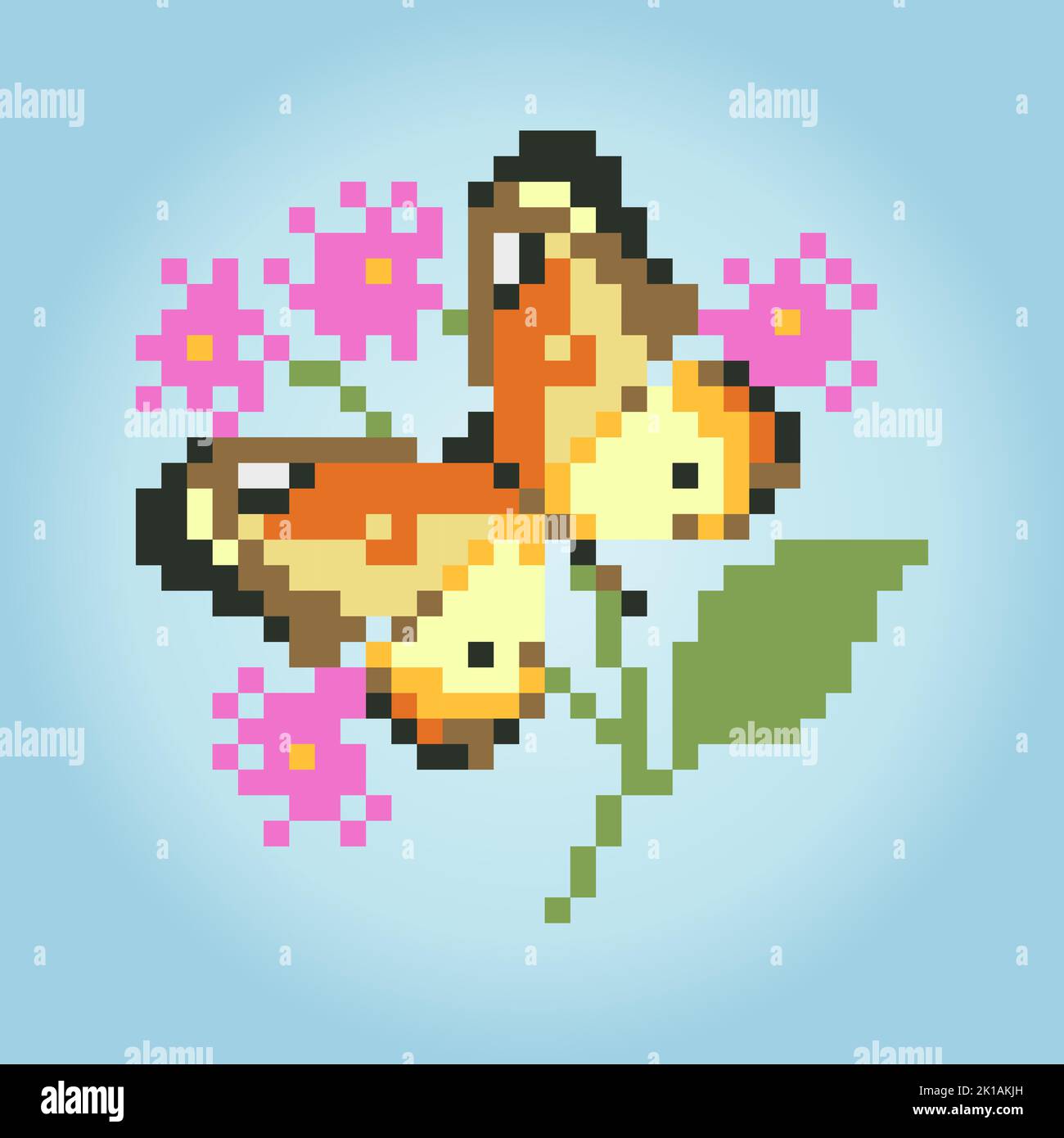 Pixel 8 bit farfalla su fiore. Animale per il punto trasversale nell'illustrazione vettoriale. Illustrazione Vettoriale