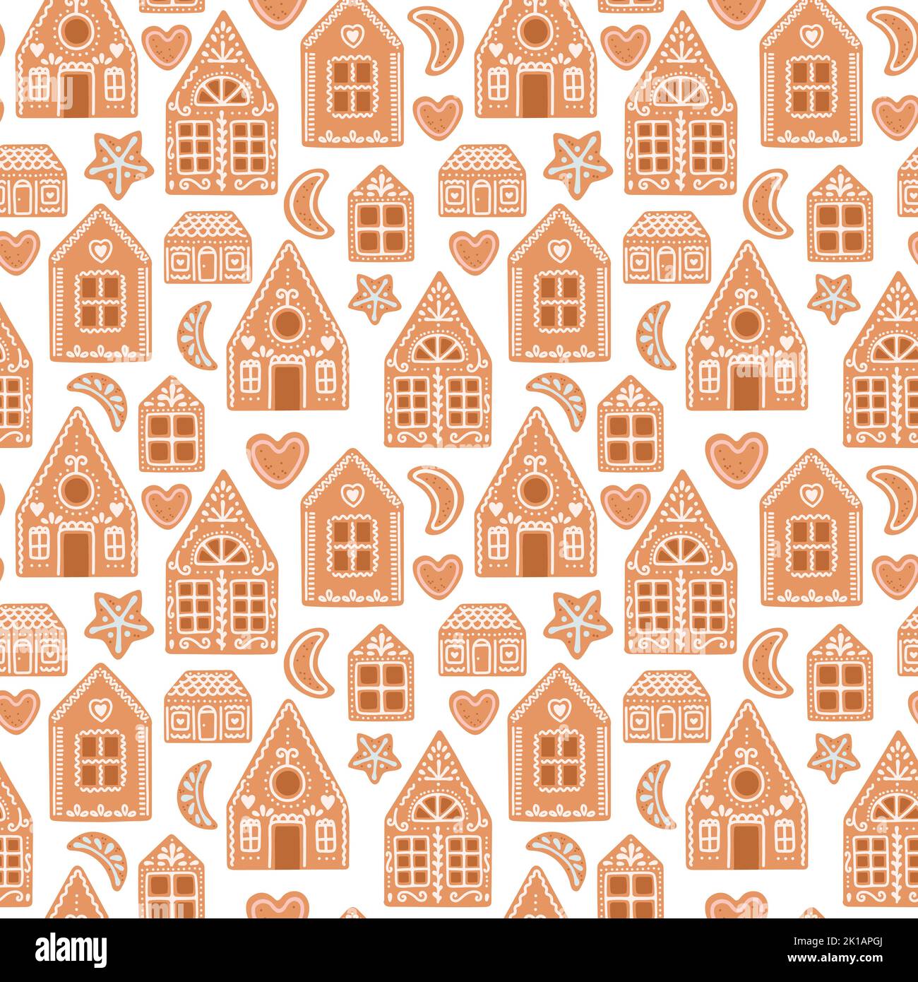 Pan di zenzero Natale senza cuciture modello casa biscotti isolati su vettore bianco Illustrazione Vettoriale